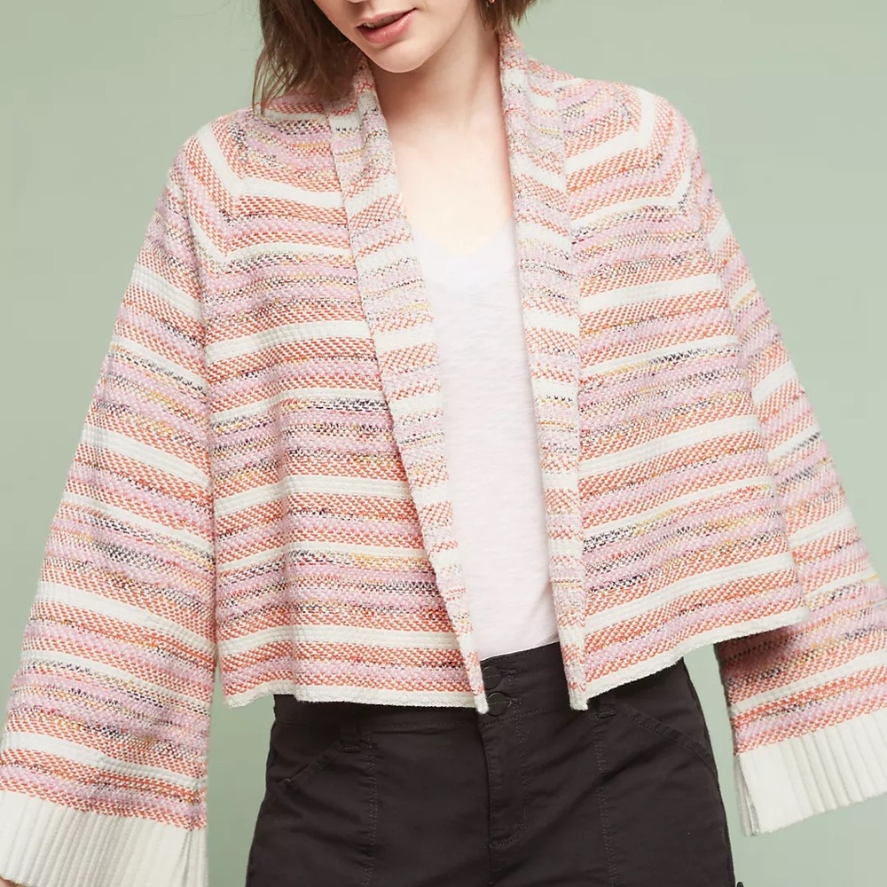Anthropologie Cropped Open-Front Striped Knit Cardigan in Pink and Cream